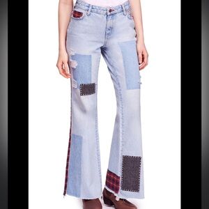 Free People We the Free Patchwork Studded Flare Jeans 28 Plaid Patches